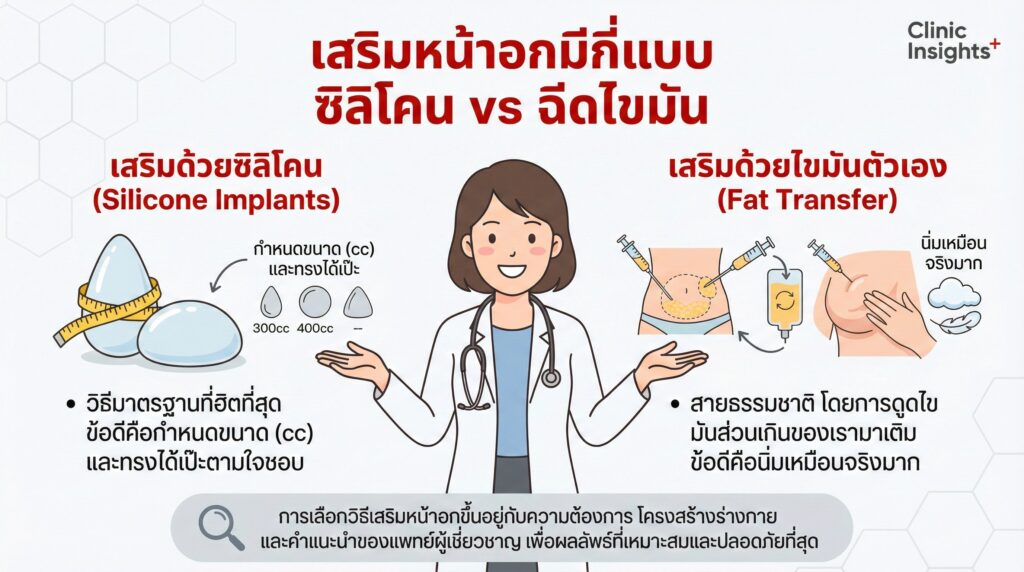 เสริมหน้าอกมีกี่แบบ ซิลิโคน vs ฉีดไขมัน